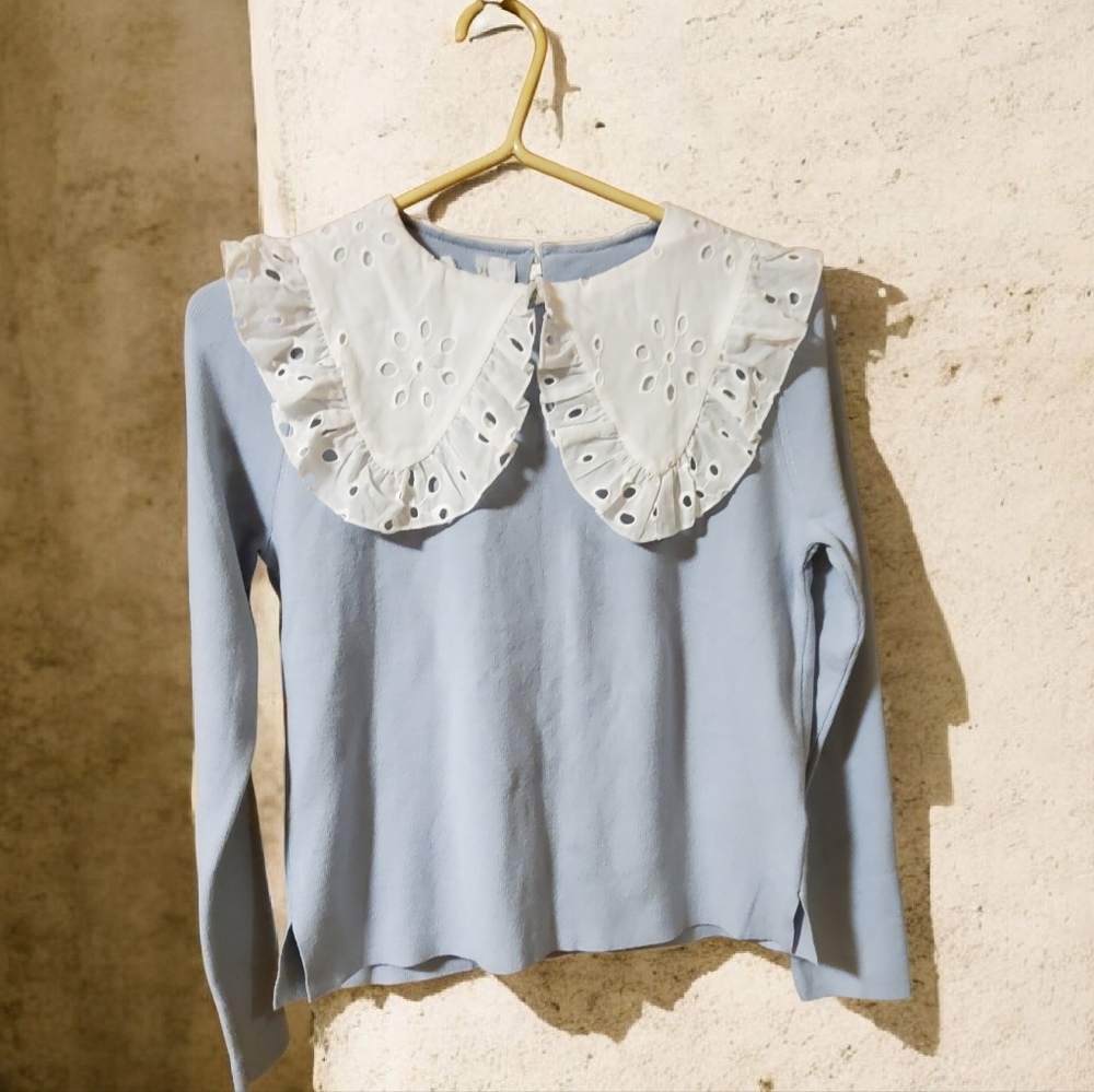 Zara Kids Pretty Blue With White Eyelet Peter Pan Collar